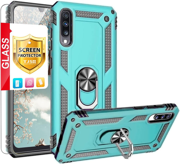 TJS Compatible Case for Samsung Galaxy A50 2019, with Tempered Glass Screen Protector and Kickstand