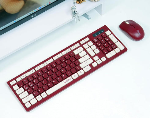 Wireless Keyboard and Mouse Combo, 2.4G Full-Sized Keyboard and Mouse, Dual-System for Computer/Laptop (Wine Red)