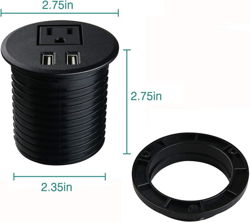 Desktop Power Grommet Outlet with 2 USB Charging Ports - 2 3/8 inch Hole, 6.5ft Extension Cord, 1 Outlet for Computer,