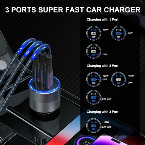 130W USB C Car Charger, 3 Ports Type C Adapter PD/PPS 100W + PD/QC 30W Fast Charging for iPhone 15/14/13 Pro Max,