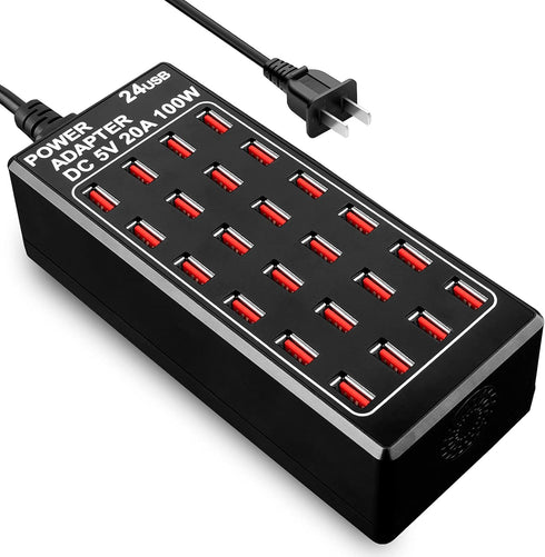 24-Port 100 Watt USB Charging Station, Home Desktop Fast Charger for Hotels, Shops, Schools, and Travel