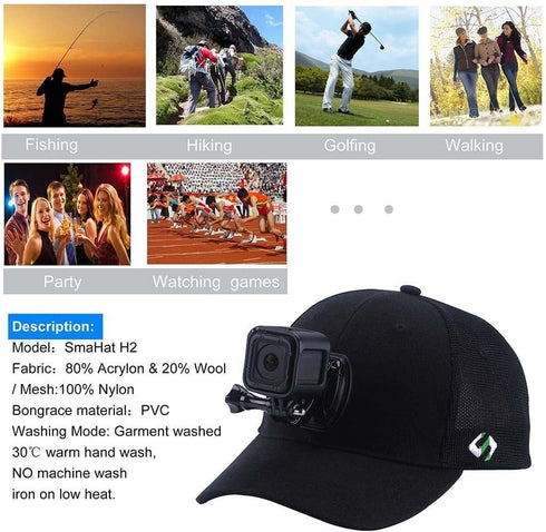 Smatree Black Baseball Hat Mount Mesh Cap for G*pro 12/11/10/9/8/7/6/5/5 Session/4/3+/3/2/DJI OSMO (L 58-60cm)