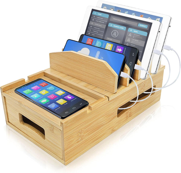 ZOOFOX Bamboo Charging Station for Multiple Devices, Desk Docking Station with Removable Divider