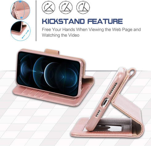 Arae Case for iPhone 12 Pro Max, Wallet Case Flip Cover with Card Holder, 6.7 inch (Rose Gold)