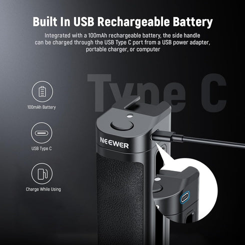 NEEWER Bluetooth Side Handle Shutter Release, 360° Rotatable Phone Clamp & SSD Holder, Rechargeable Battery for iPhone