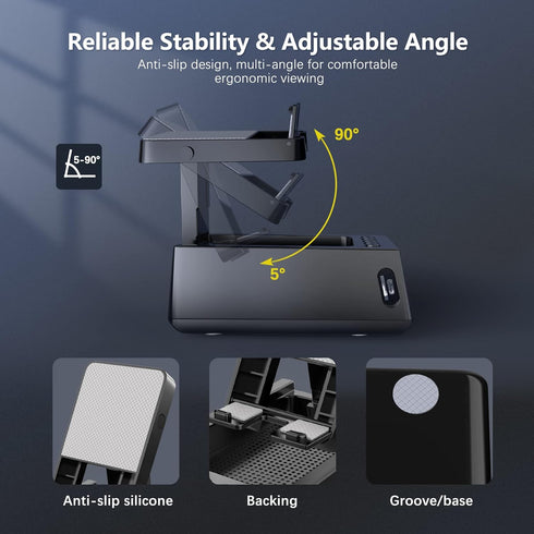 Adjustable Phone Stand with Built-in Bluetooth Speaker, Portable Non-Slip Base, Unique Tech Gifts for Home and Outdoor
