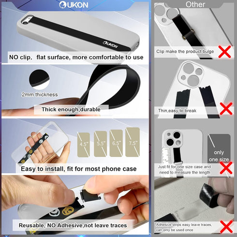 UKON Silicone Phone Grip, 2 PCS Reusable Finger Holder with Three Short Silicone Strips for 4.5"-7.5" Phone Case