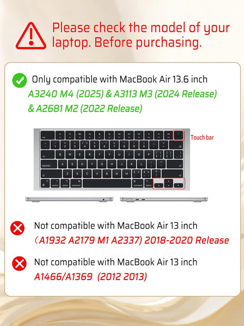 Seorsok 13.6 inch M4 M3 M2 2025 2024-2022 A3240 A2681 A3113 Compatible with MacBook Air Case Release Touch ID,Elegant