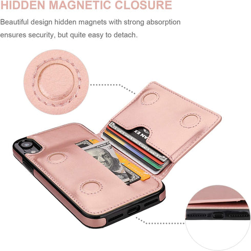 KIHUWEY Compatible with iPhone XR Wallet Case, Premium Leather Kickstand Protective Cover (Rose Gold)