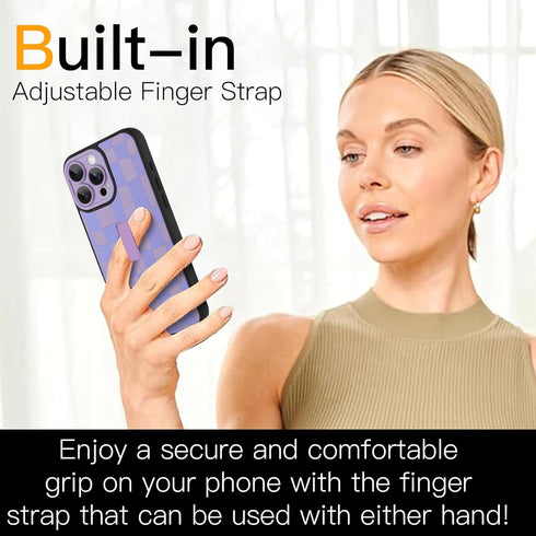 SOKAD 16 for iPhone Pro Case with Finger Strap Kickstand, Cute Checkered Checkerboard Phone Case with Finger Hand