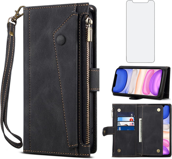iPhone 11 Pro Max Wallet Case with Tempered Glass, Zipper Credit Card Holder, Crossbody Strap, Black.