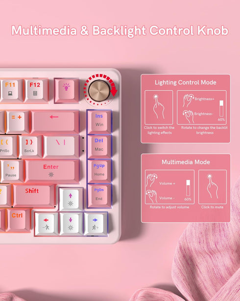 Keyporia VK75 75% Wired Gaming Keyboard with Multimedia Control Knob, Creamy Mechanical Keyboard RGB Backlit Gasket