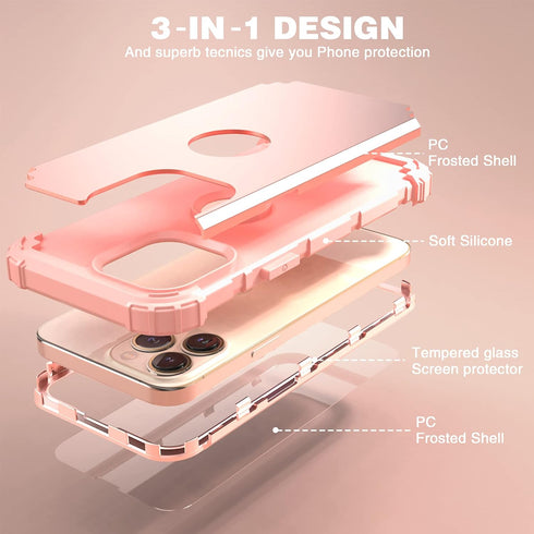 IDweel iPhone 15 Pro Max Case - 3 in 1 Shockproof Hybrid Cover with Screen Protector, Rose Gold, Slim Fit, Heavy Duty.
