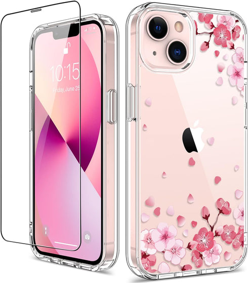 GiiKa iPhone 13 Case with Screen Protector, Clear Floral Shockproof Hard Case with TPU Bumper, Pink Floral