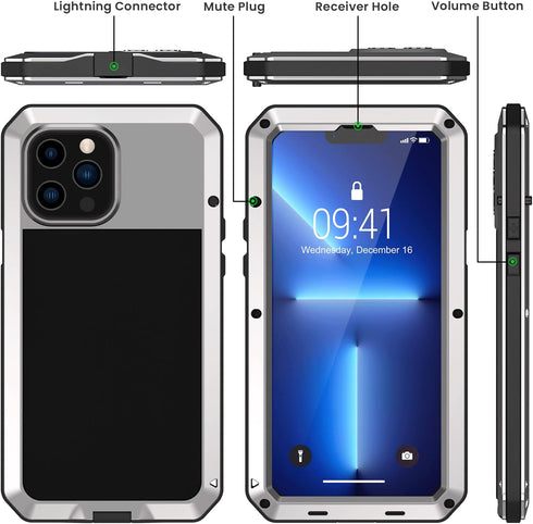 Lanhiem Heavy Duty Metal Case for iPhone 13 Pro Max, Rugged Shockproof Cover with Built-in Glass Screen Protector,
