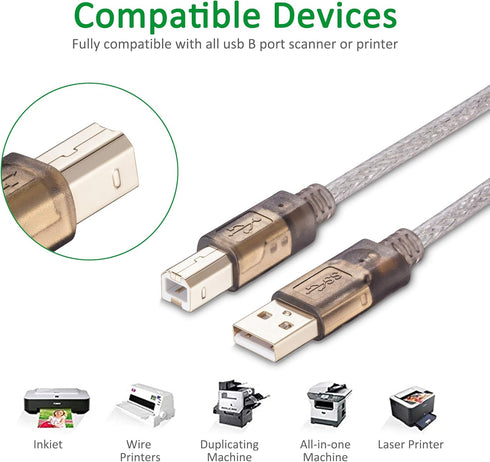 Printer Cable 10Ft, USB Type A Male to B Male, High Speed for HP, Canon, Lexmark, Dell, Xerox, Samsung