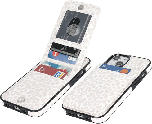 Vaburs Wallet Case for iPhone 13 and iPhone 14 with Credit Card Holder, White Leopard Cheetah Pattern Flip Premium PU