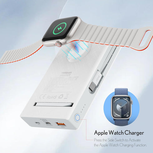 pzoz 10000mAh Portable Magnetic Wireless Magsafe Power Bank, USB Type C PD Fast Charging Built-in Cable