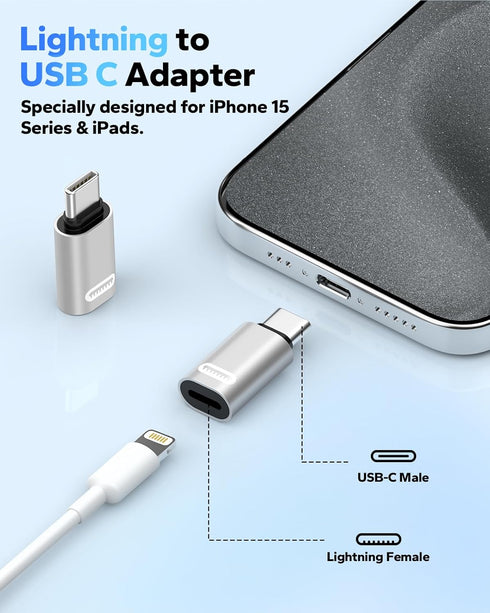 MoKo Lightning Female to USB C Male Adapter 2 Pack, Lightning to USB C Converter for iPhone 15 Series, iPad, iPhone to USB C Adapter for Fast Charging/Data Transfer, NOT for Audio/OTG, Silver PD