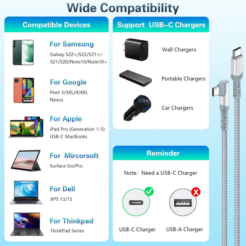 USB C to USB C Cable 10ft - 5-Pack, Right-Angle 60W/3A Fast Charger for Samsung S22 Ultra, Google Pixel 6, iPad Pro,