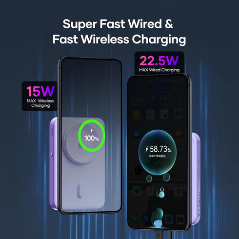 Electric Suction Power Bank, 5000mAh Wireless Charger, 22.5W Fast Charging, USB-C Cable, for iPhone 15/14/13/12, Purple