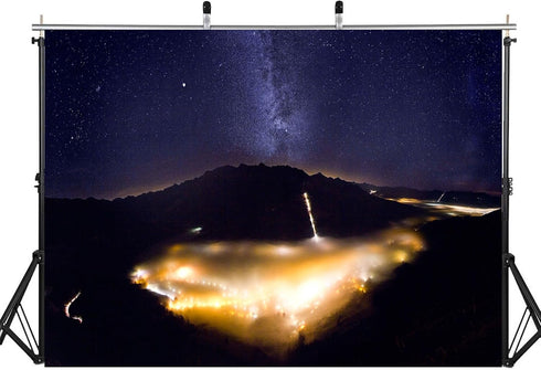 LidyMini 10x8ft Fabric Alpine Valley Starry Night Backdrop Milky Way Foggy Town Lights Photography Background Mountain