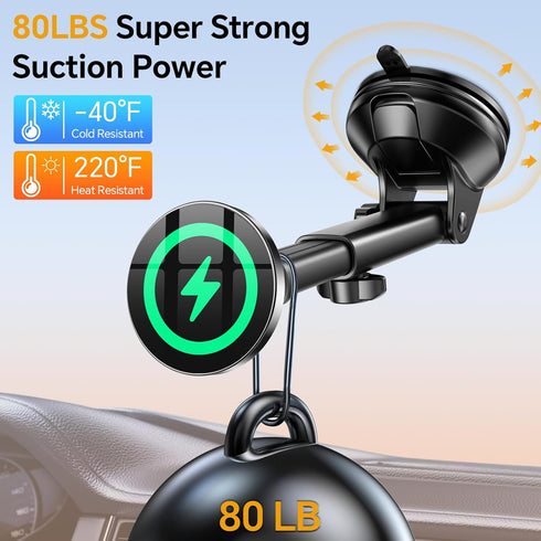 iPhone MagSafe Car Mount Charger, Wireless Charger Mount with Magnets & Suction Cup for iPhone 15 Pro Max 14 13 12