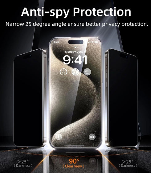 ?2 PACK? Diamond Luminous Edge Tempered Glass Film for iPhone 15Pro Screen Protector, 1 Clear HD + 1 Anti Spy, Case
