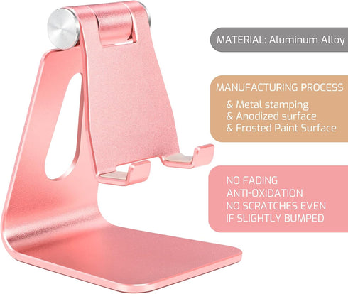 Rose Gold Foldable Aluminum Alloy Cell Phone Holder, Tabletop Metal Phone Stand with Adjustable Angle