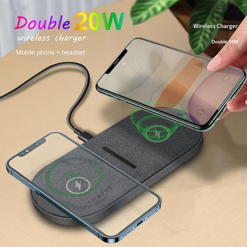 Dual 20W Wireless Charger for Multiple Devices, 40W Fast Wireless Charging Pad/Mat for Apple iPhone, AirPods, for Samsung Galaxy, Google Pixel