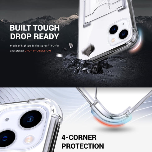 Shields Up iPhone 15 Case - Clear Minimalist Wallet with Card Holder (3 Cards) & Ring Stand, Slim Drop Protection Cover.