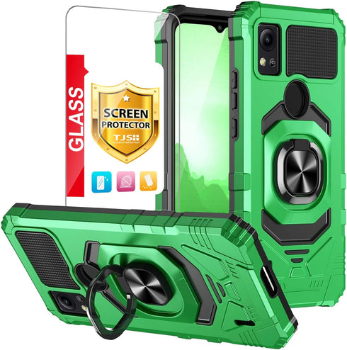 TJS Compatible Case for Cricket Icon 5 & AT&T Motivate 4, Heavy Duty Drop Protection Cover with Tempered Glass (Green)