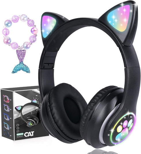 Wireless Kids Headphones with Microphone, Cat Ear LED Light Up Bluetooth Headphones for School, Travel, Sports, Gaming