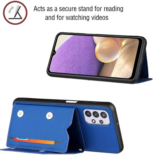 Galaxy A32 5G Wallet Case, Flip Case with Credit Card Holder Lanyard Strap for Women & Men, PU Leather Blue