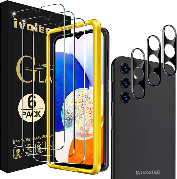 ivoler 3+3 Pack Tempered Glass for Samsung Galaxy A14 4G / 5G, with Camera Lens Protector, Anti-Scratch, HD Clear