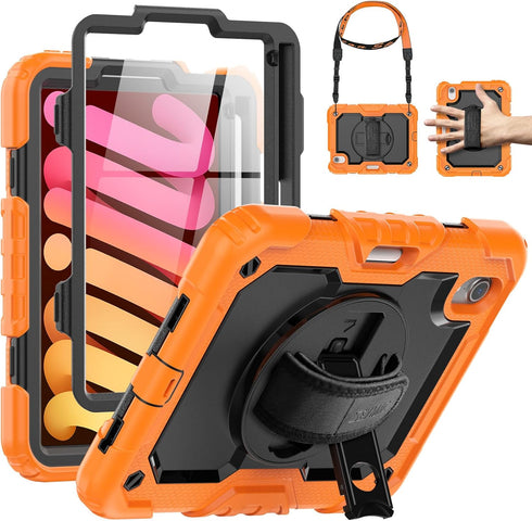 SEYMAC Full-Body Shockproof Protective Case for iPad Mini 6 8.3 Inch, Orange with Screen Protector, 360° Rotating
