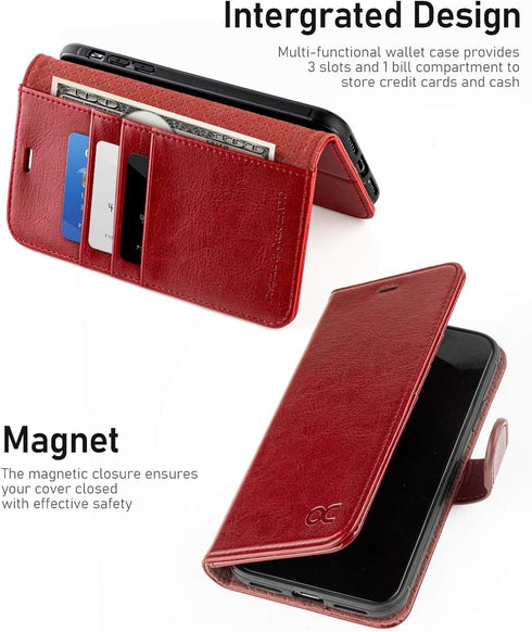 OCASE Phone X Wallet Case - Red, Leather Flip Wallet Cover with Card Slot, Kickstand, Wireless Charging, Phone 10 Case