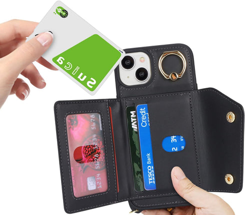iPhone 14 Case with Card Holder and Strap, Zipper Pocket Crossbody Lanyard Strap, Cute Phone Wallet Case for Women