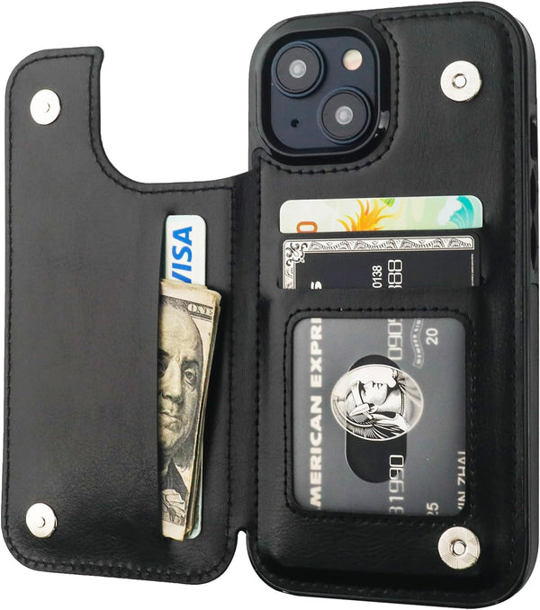 iPhone 15 Wallet Case with Card Holder, PU Leather Kickstand Cover, Double Magnetic Clasp, Shockproof 6.1 Inch