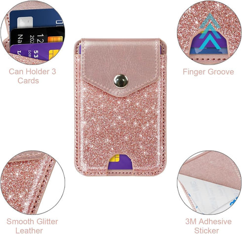 Self Adhesive Card Holders for Back of Phone, Cute Leather RFID Phone Wallet Pockets with Snap, Slim Card Holders