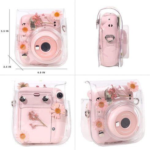 Case for Fujifilm Mini 12/11/9/8 Instant Camera, Protective Bag with Transparent Shoulder Strap (Real Flower - Pink)