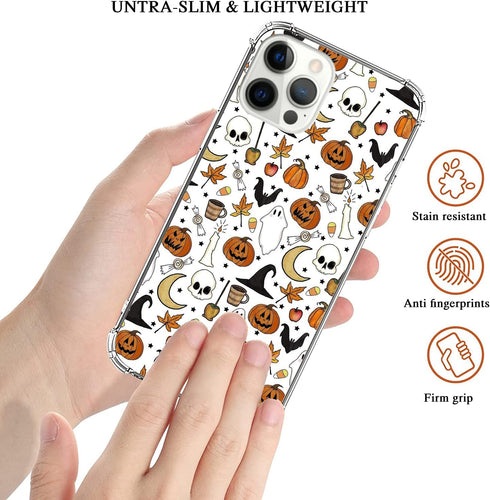 Autumn Fall Leaves Pumpkin Pattern Case for iPhone 14 Pro Max, Retro Halloween TPU Bumper Cover for Women Men