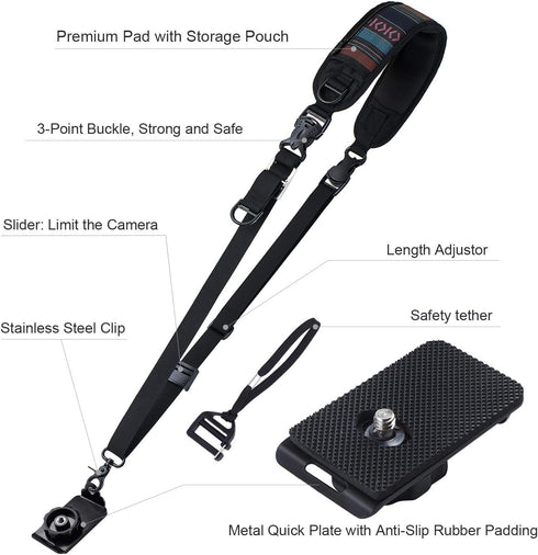 waka Adjustable Camera Neck Strap with Quick Release, Safety Tether for Nikon Canon Sony DSLR