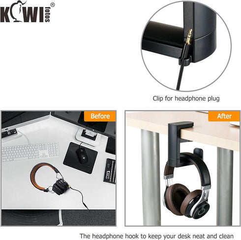 KIWIFOTOS Headphone Stand Holder Under Desk, PC Gaming Headset Hook with 360 Adjustable Rotating Arm Clamp & Cable Clip