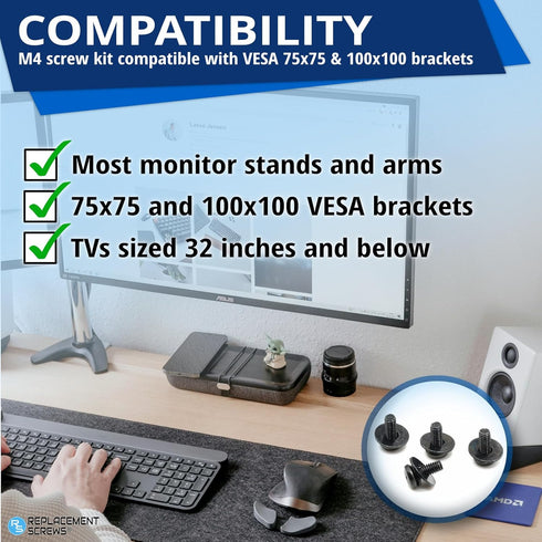 ReplacementScrews M4 10mm 75x75mm 100x100mm VESA Compatible TV/Monitor Wall Mount Screws for and Brackets. Metric