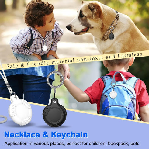Waterproof AirTag Case, Soft Silicone Bracelet & Necklace for Kids, Black + Beige, White