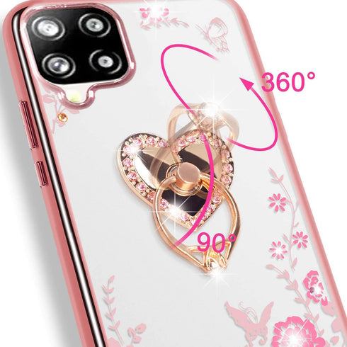 B-wishy Glitter Crystal Butterfly Heart Floral Case for Samsung Galaxy A12 5G, Slim Luxury Bling TPU with Ring Grip