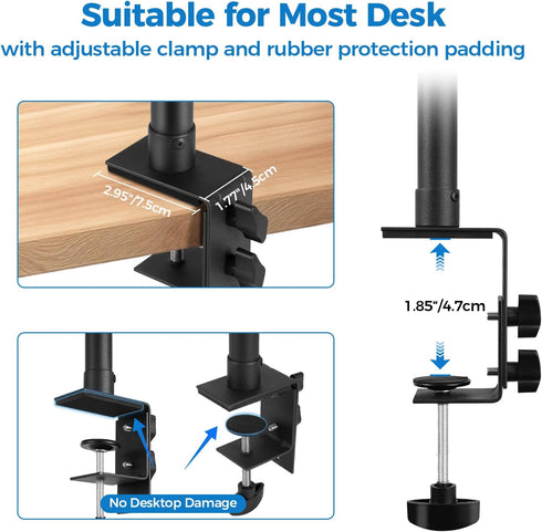 1/4" 14"-23.6" Camera Desk Mount Stand with Ball Head and Phone Holder Clip, Desktop Light Stand, Adjustable Light