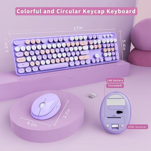 Wireless Keyboard and Mouse Combo, Ergonomic Full Size Typewriter Retro Round Keycaps, Compatible with Windows (Purple)