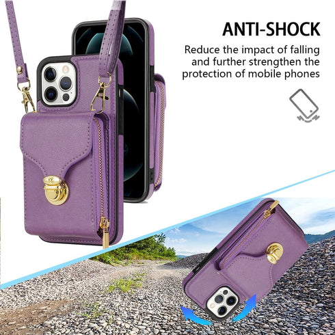 Compatible with iPhone 11 Pro 5.8 Wallet Case, Crossbody Strap Leather Zipper Credit Card Holder Clasp Stand Cell